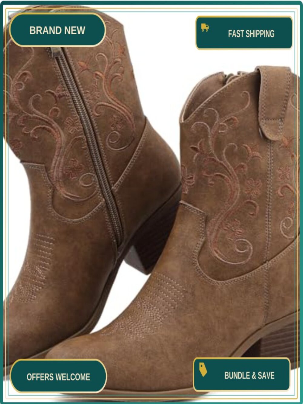 Women's Cowboy Boots Short Shaft Ankle Booties Faux Leather Embroidered Side
